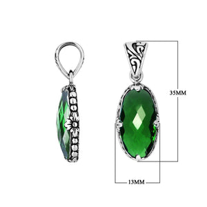 Sterling Silver oval-shaped Green Quartz pendant with floral engraved detailing