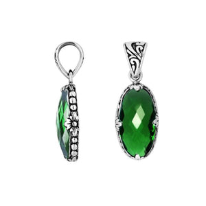Sterling Silver oval-shaped Green Quartz pendant with floral engraved detailing