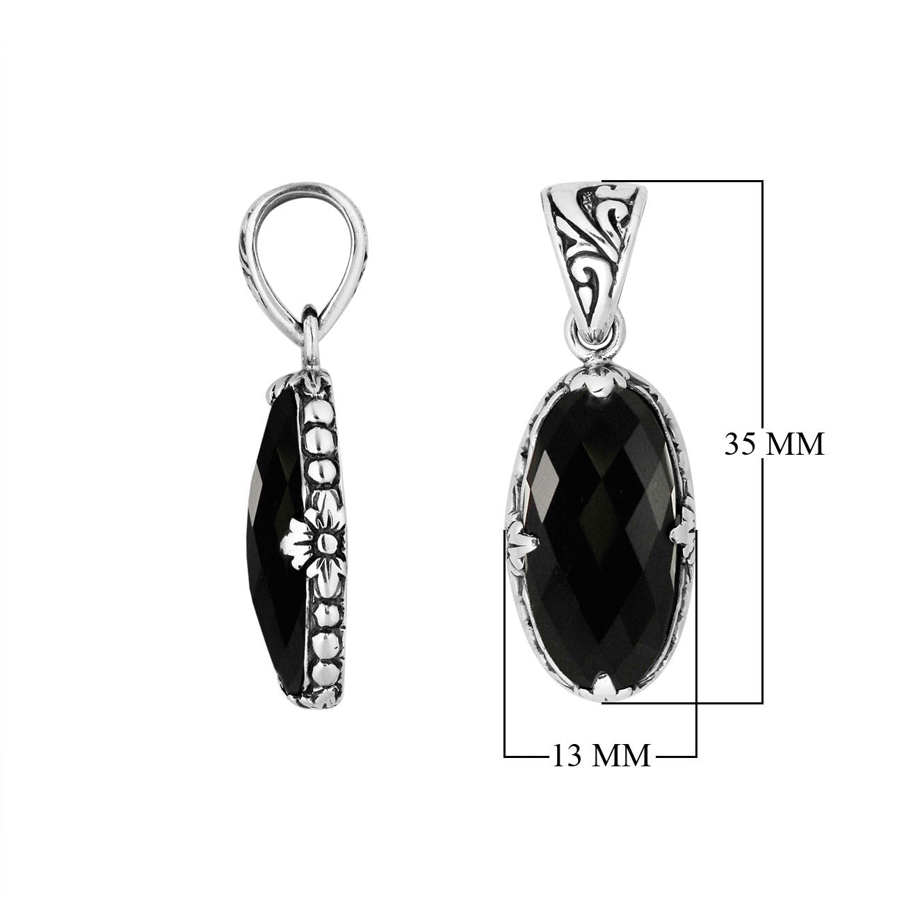 Sterling silver oval pendant with polished Black Onyx stone and antique Bali floral detailing