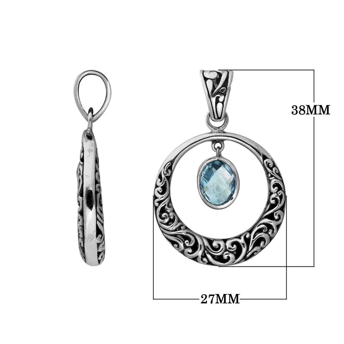 925 Sterling Silver Blue Topaz Quartz Filigree Circle Pendant For Wholesale