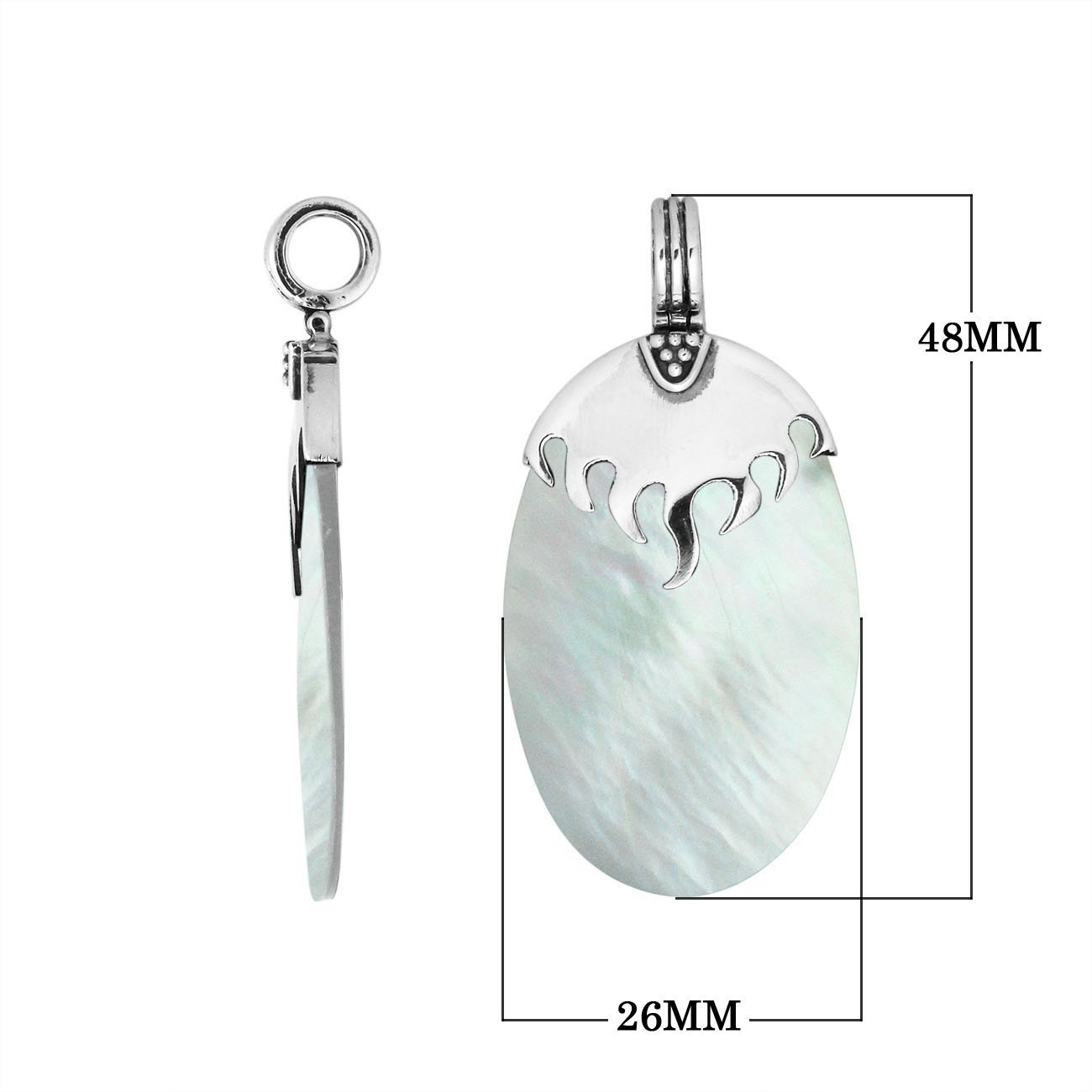 925 Sterling Silver Mother Of Pearl Oval Shape Flame Top Pendant For Wholesale