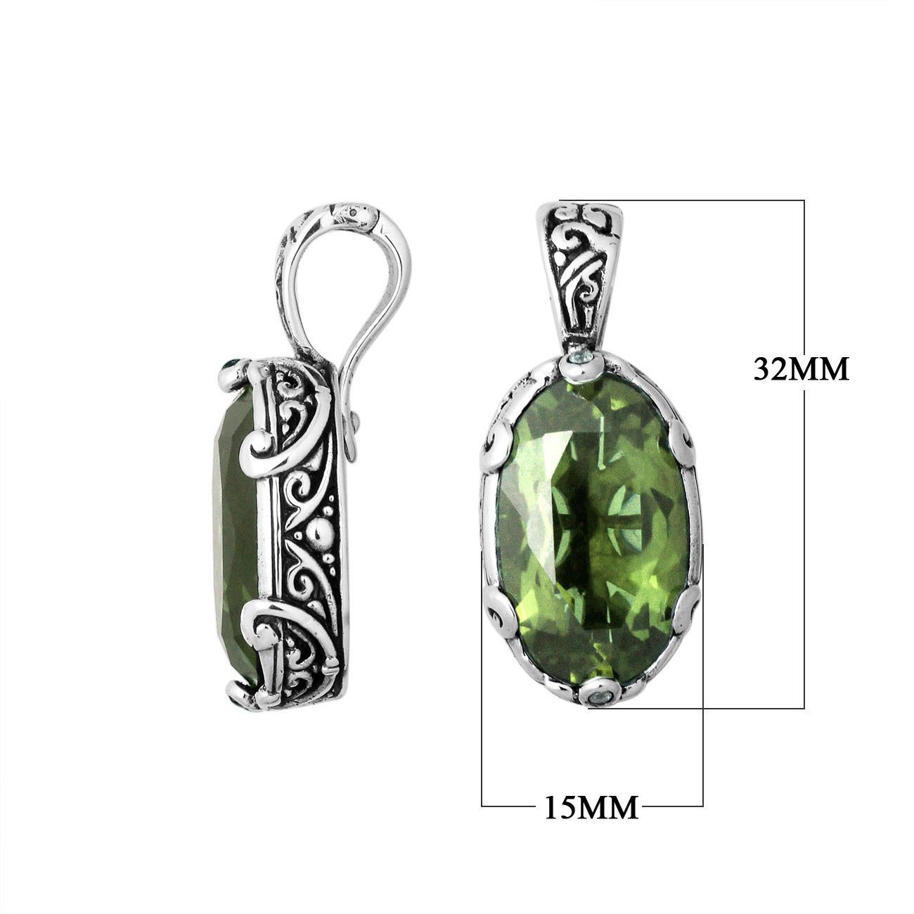 Sterling Silver Balinese Engraved Pendant With Green Amethyst Quartz – Oval Cut Artisan Jewelry