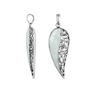 925 sterling silver long leaf pendant with mother of pearl and intricate Balinese scrollwork pattern
