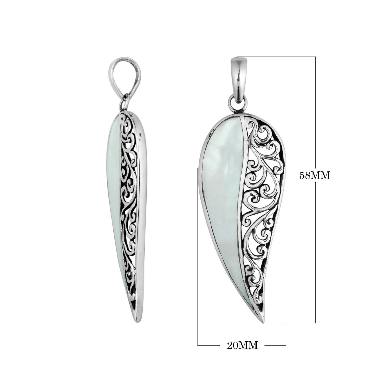 925 sterling silver long leaf pendant with mother of pearl and intricate Balinese scrollwork pattern