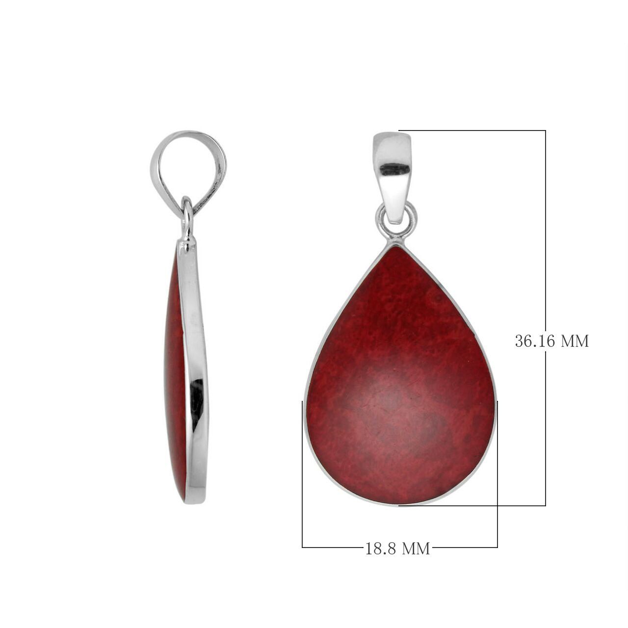925 sterling silver teardrop pendant with red coral and mirror-polished finish handcrafted in Bali