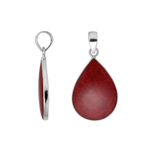 925 sterling silver teardrop pendant with red coral and mirror-polished finish handcrafted in Bali