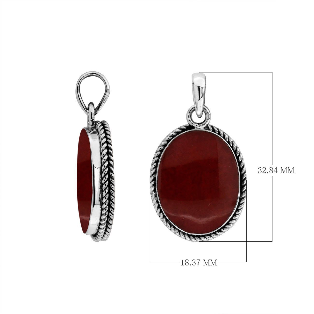 925 sterling silver oval pendant with red coral and twisted rope frame handcrafted in Bali