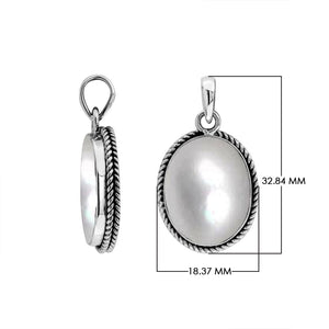 925 sterling silver oval pendant with mother of pearl and twisted rope frame handcrafted in Bali