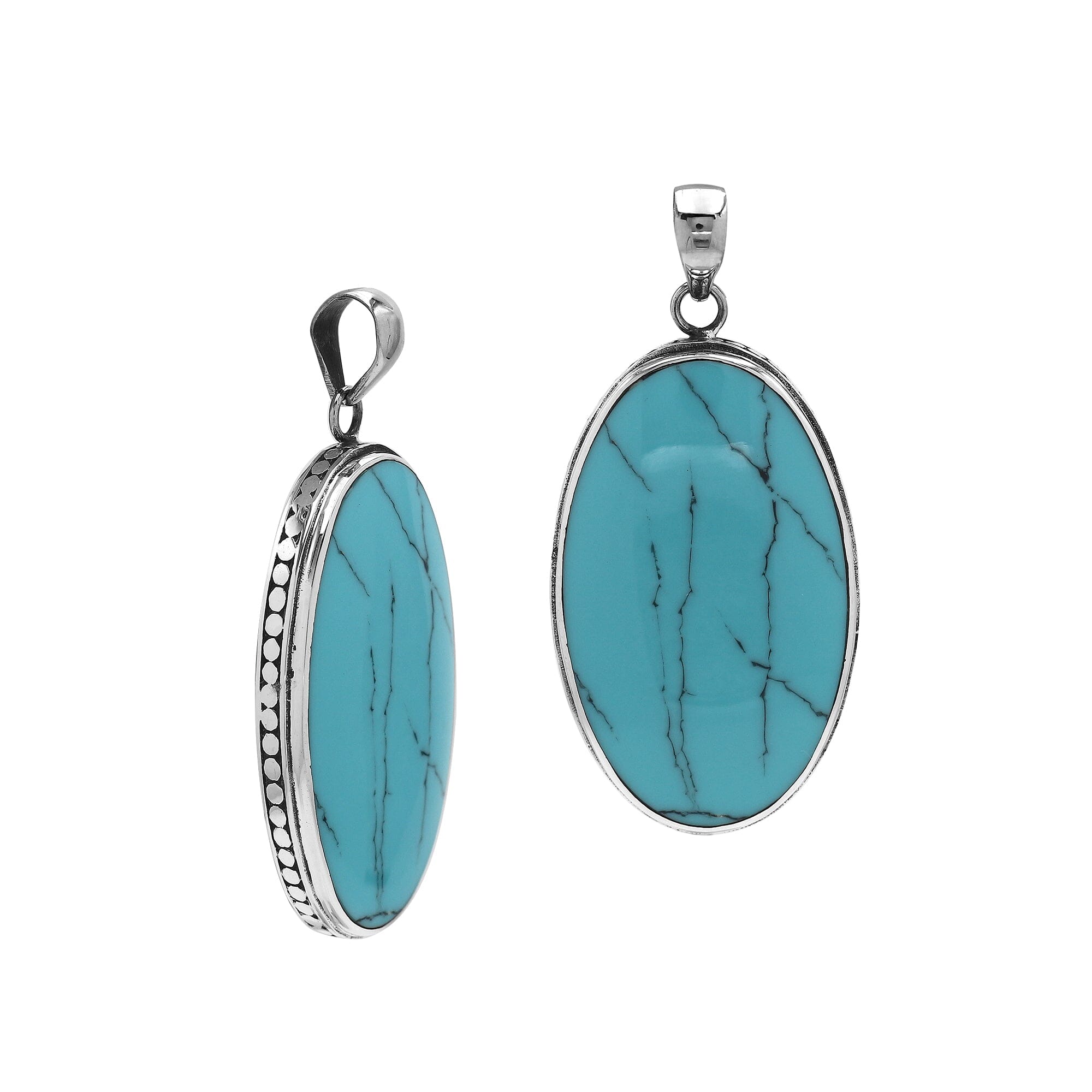 925 sterling silver oval pendant with turquoise shell and hammered silver edge handcrafted in Bali