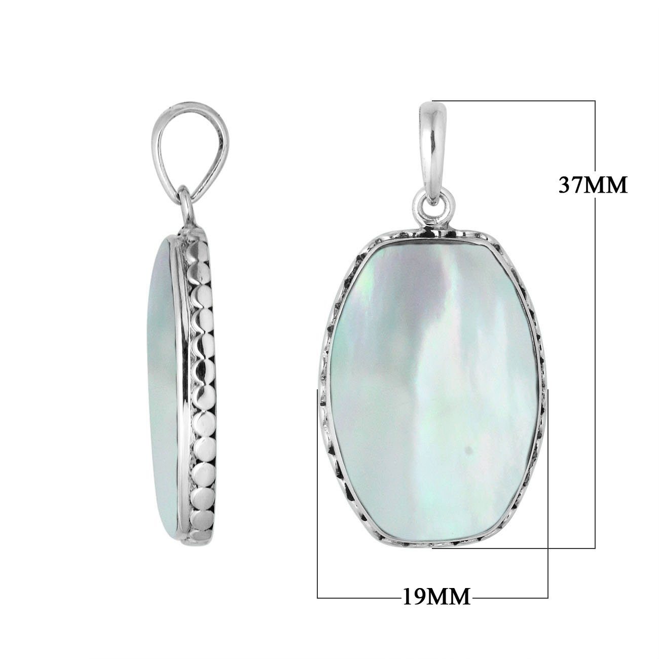 925 sterling silver octagon pendant with mother of pearl and hammered silver edge handcrafted in Bali