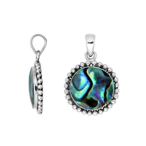 Sterling Silver Round Pendant With Abalone Shell And Beaded Frame