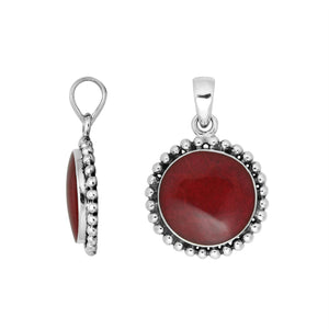 Sterling Silver Round Pendant With Red Coral And Beaded Silver Frame