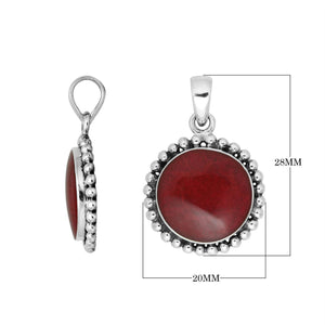 Sterling Silver Round Pendant With Red Coral And Beaded Silver Frame