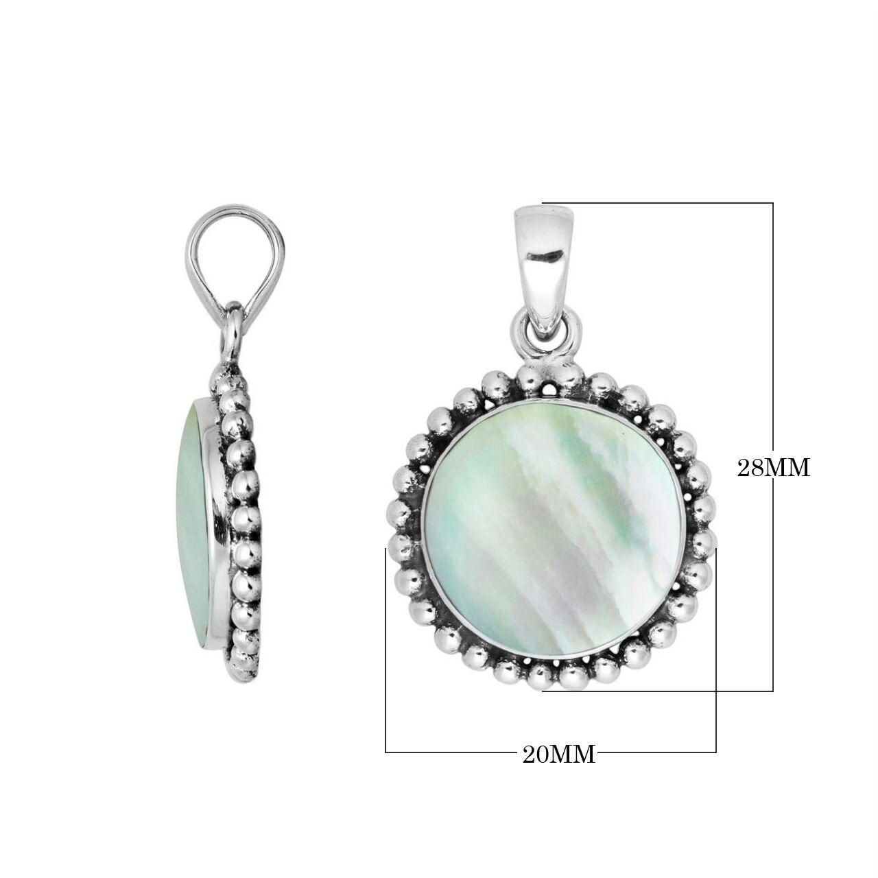 Sterling Silver Round Pendant With Mother Of Pearl And Beaded Silver Frame