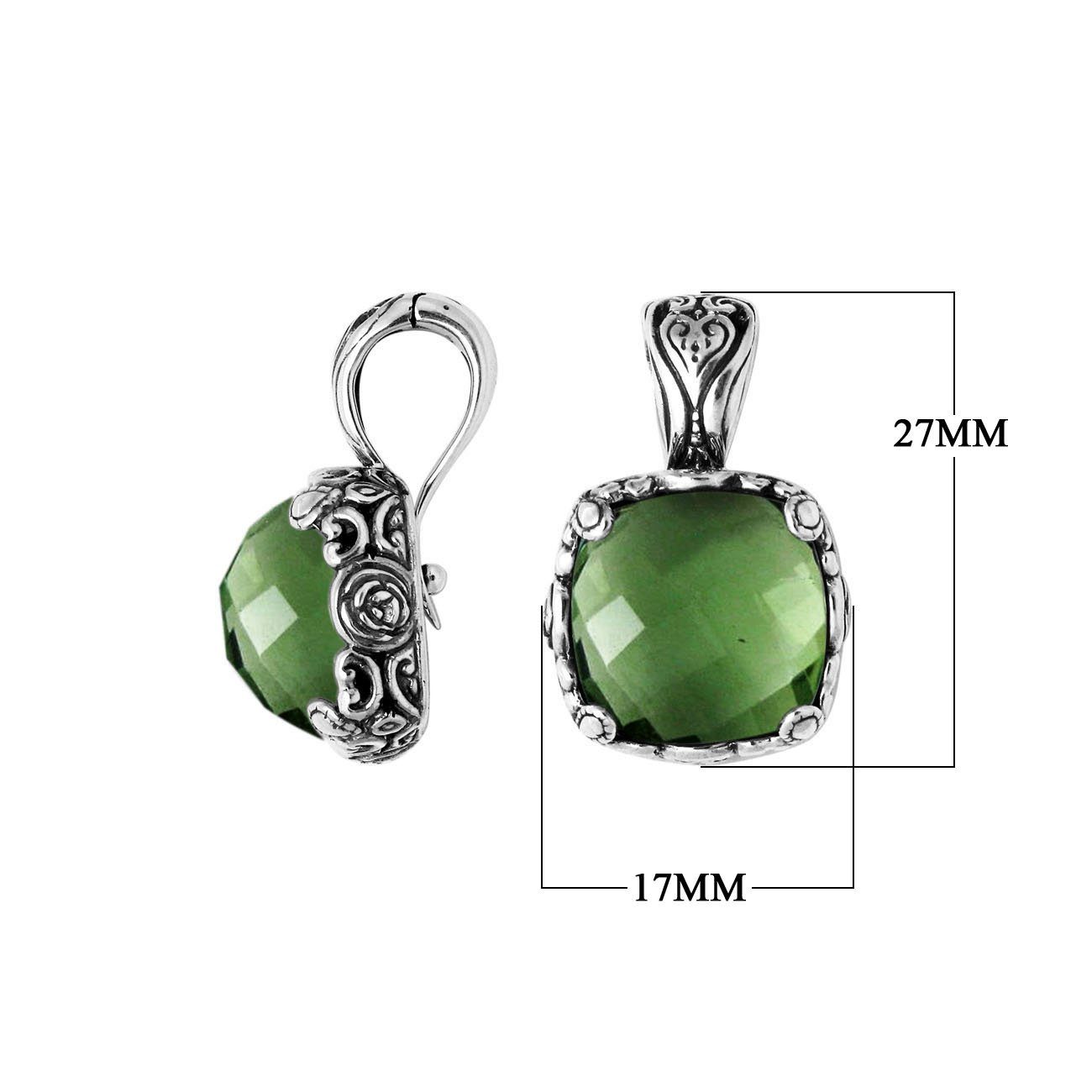 terling Silver Square Pendant With Green Amethyst Quartz And Balinese Floral Design For Wholesale