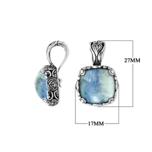 Sterling Silver Cushion Cut Rainbow Moonstone Pendant With Balinese Scrollwork