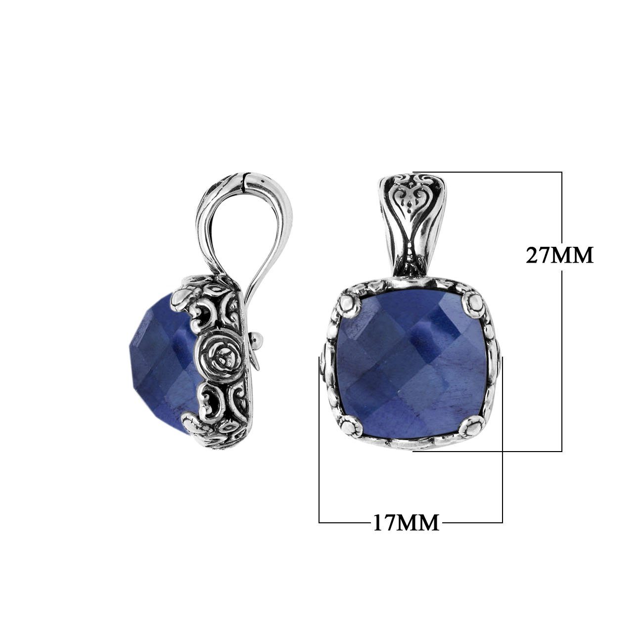 Sterling Silver Cushion Cut Blue Sapphire Quartz Pendant With Balinese Scroll Engraving