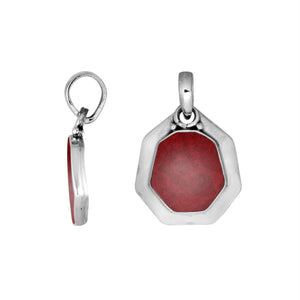 Sterling Silver Octagon Shape Red Coral Pendant With Smooth Silver Frame