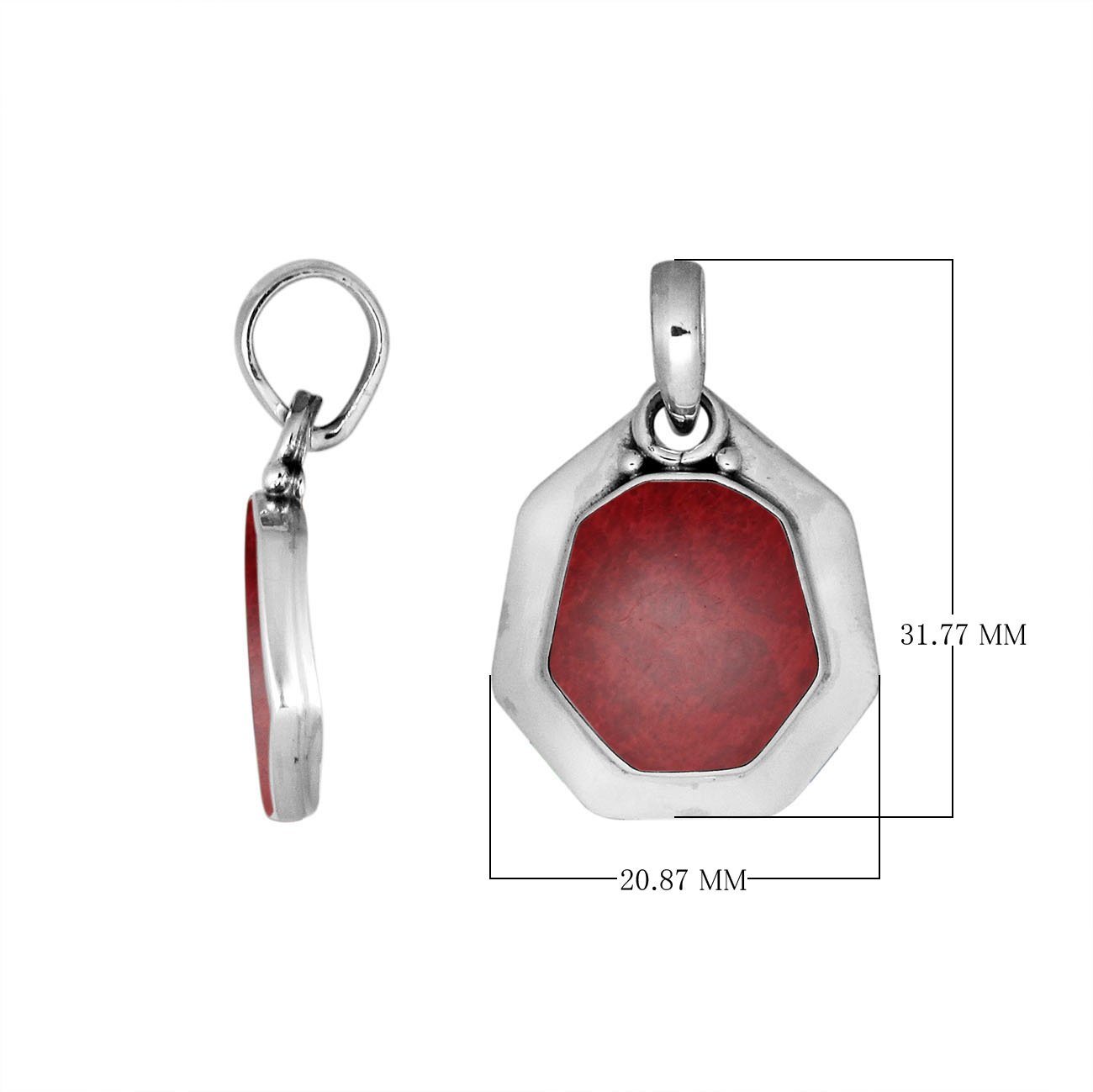 Sterling Silver Octagon Shape Red Coral Pendant With Smooth Silver Frame