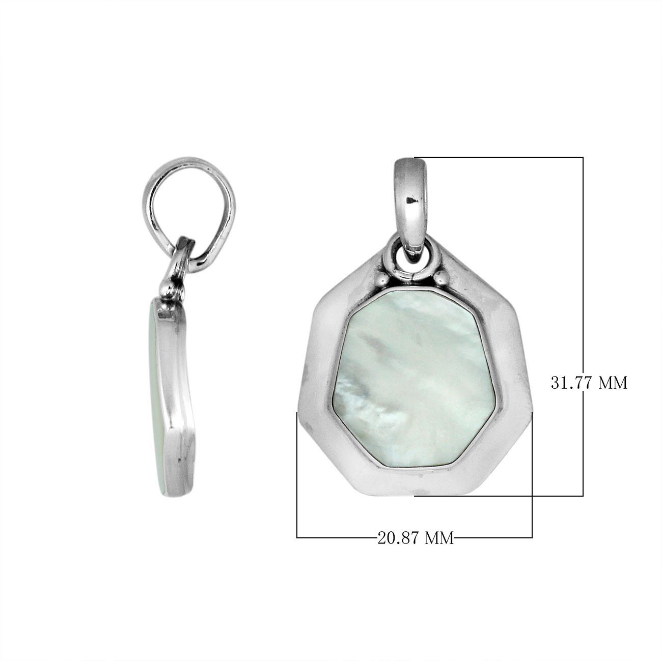 Sterling Silver Octagon Shape Mother Of Pearl Pendant With Smooth Silver Frame