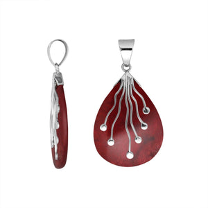 Sterling Silver Teardrop Shape Red Coral Pendant With Silver Wave Design