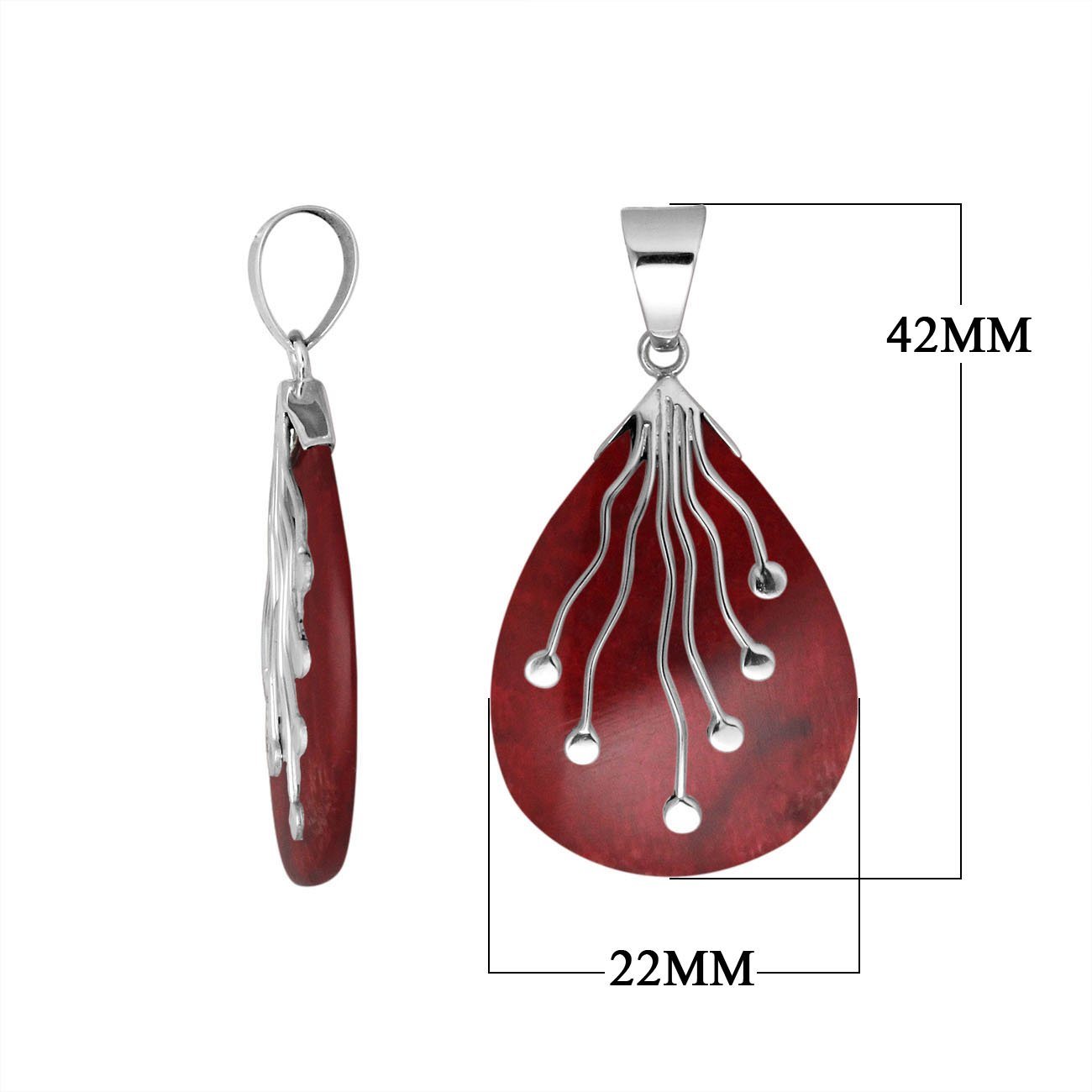 Sterling Silver Teardrop Shape Red Coral Pendant With Silver Wave Design