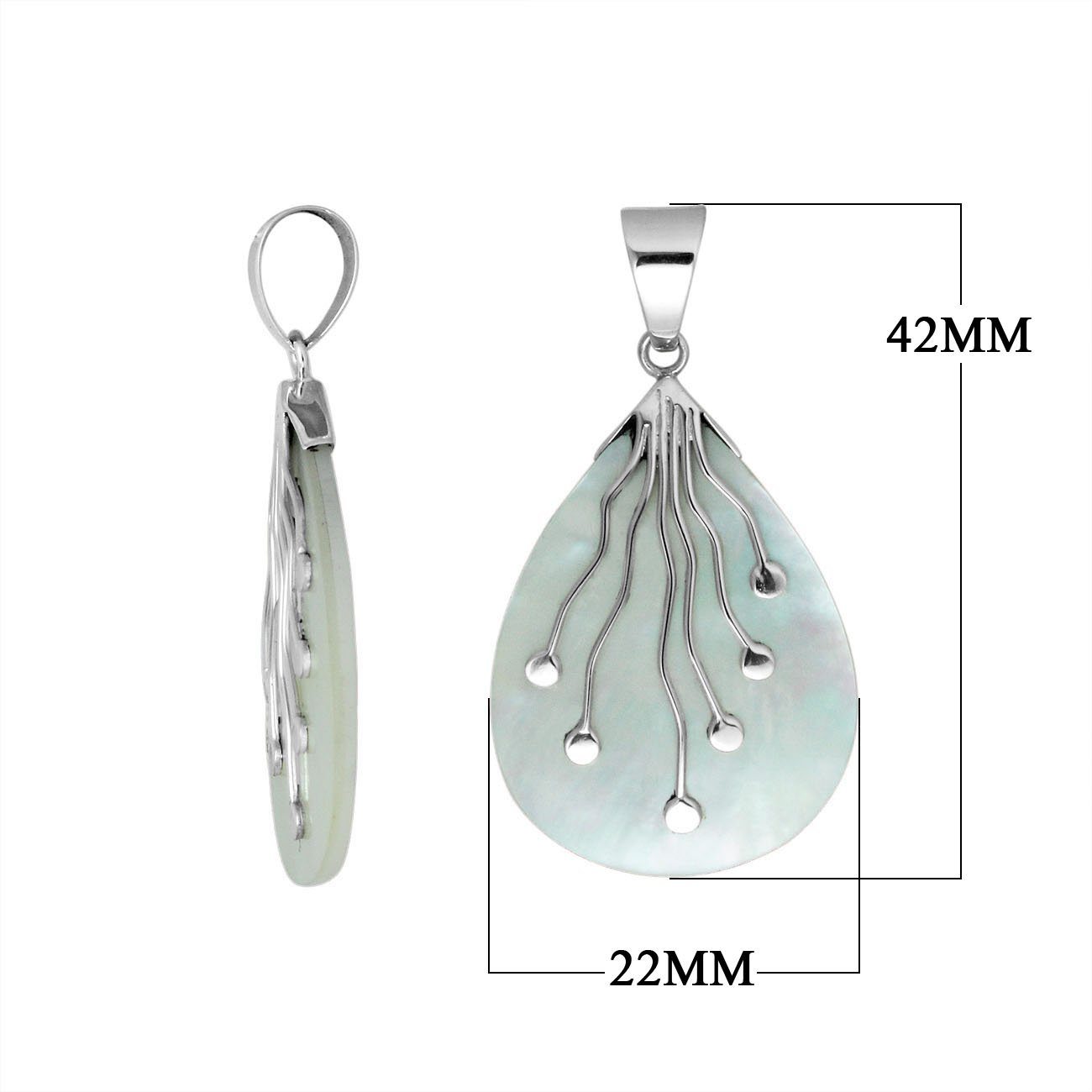 Sterling Silver Teardrop Shape Mother Of Pearl Pendant With Silver Wave Design