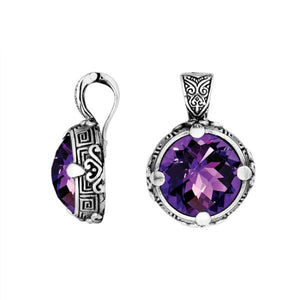 Sterling Silver Round Shape Amethyst Quartz Pendant With Balinese Carved Design