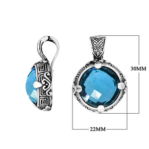 Sterling Silver Round Shape Blue Topaz Quartz Pendant With Balinese Carved Design