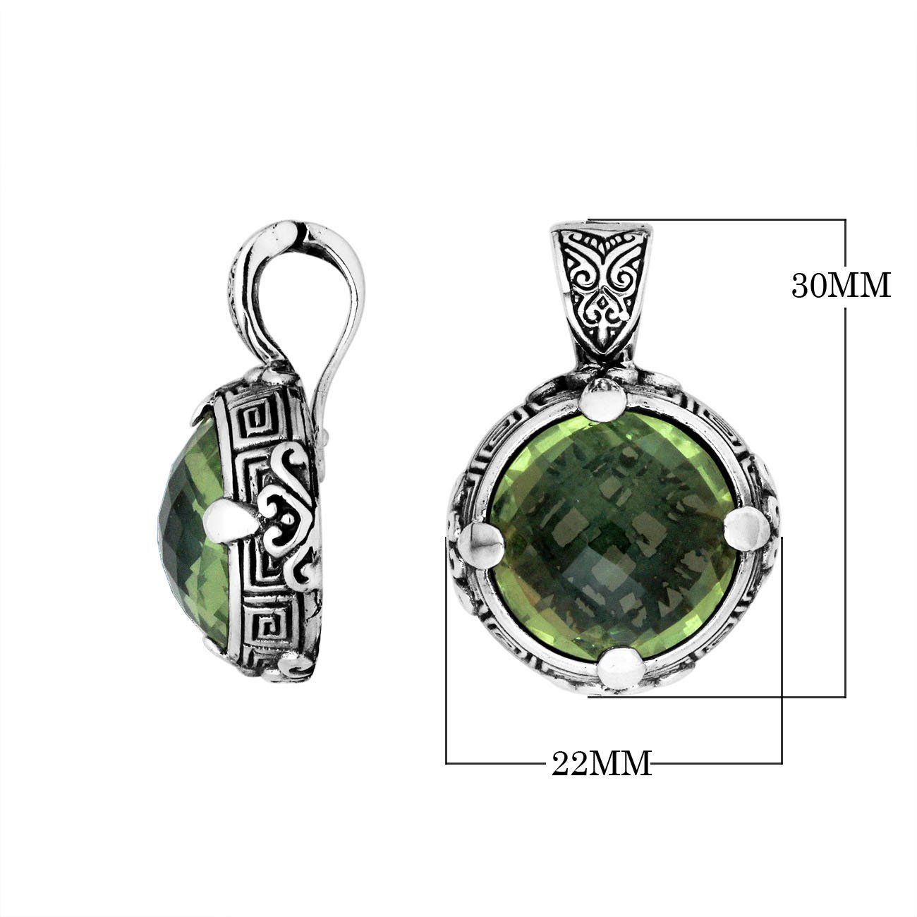 Sterling Silver Round Shape Green Amethyst Quartz Pendant With Balinese Carved Design