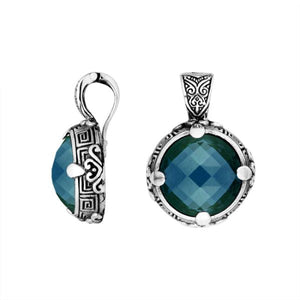 Sterling Silver Round Shape London Blue Topaz Quartz Pendant With Balinese Carved Design