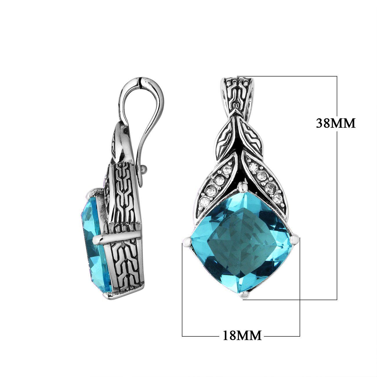 Sterling Silver Leaf Design Blue Topaz Quartz And Cubic Zirconia Pendant