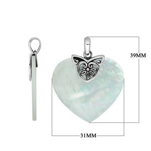 High-quality Sterling Silver Heart Pendant with radiant Mother Of Pearl and intricate filigree silver detailing, handcrafted by Balinese artisans for elegant wholesale jewelry collections.