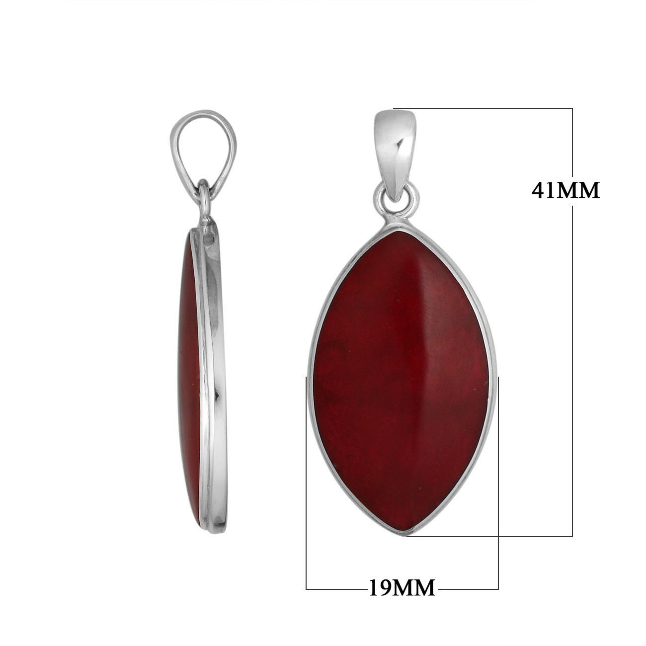 925 Sterling Silver Marquise Pendant with Red Coral inlay and smooth Balinese frame, handcrafted and mirror-polished for premium wholesale jewelry collections.