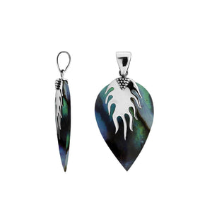 925 Sterling Silver Leaf Pendant with Abalone Shell inlay and flame-inspired top design, handcrafted for wholesale Balinese silver jewelry collections.