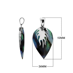 925 Sterling Silver Leaf Pendant with Abalone Shell inlay and flame-inspired top design, handcrafted for wholesale Balinese silver jewelry collections.