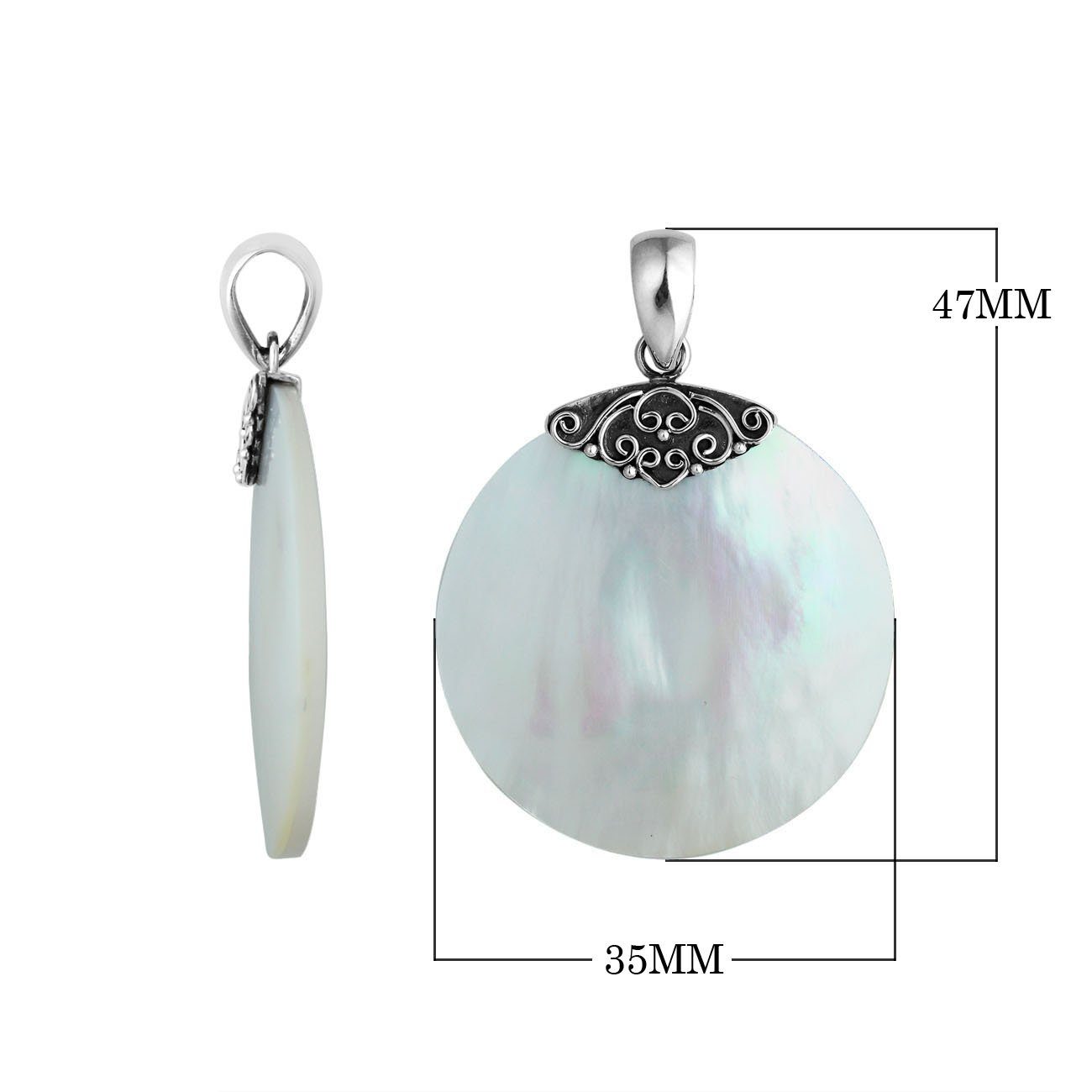 Sterling Silver Mother Of Pearl Round Polished Designer Pendant For Wholesale Jewelry Collections.