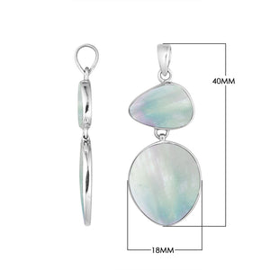 Sterling silver double-shape pendant with Mother Of Pearl triangular and oval stones, smooth mirror-polished surface, and elegant Balinese craftsmanship.