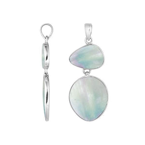 Sterling silver double-shape pendant with Mother Of Pearl triangular and oval stones, smooth mirror-polished surface, and elegant Balinese craftsmanship.