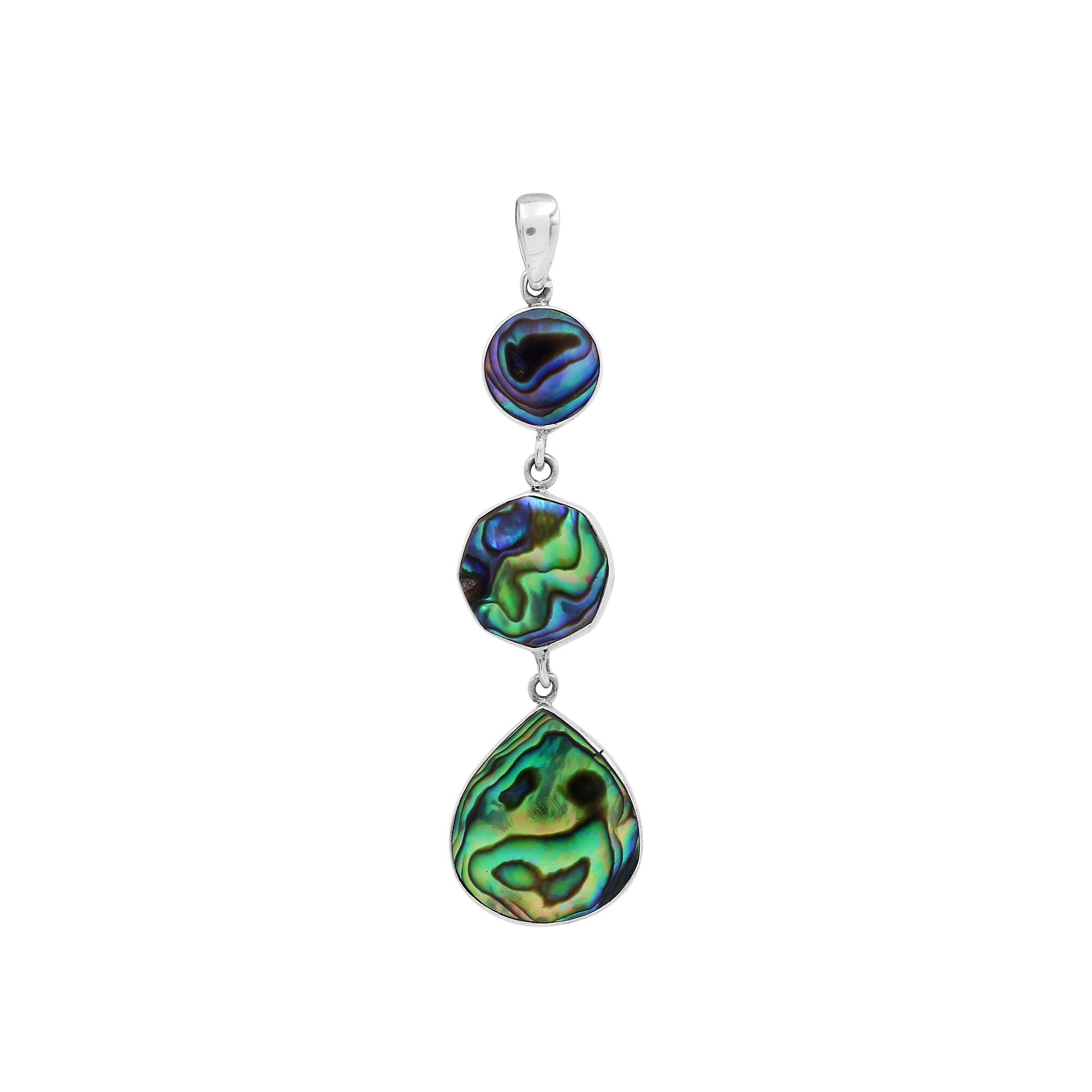 Sterling Silver Triple Drop Abalone Shell Pendant With Polished Balinese Frame.