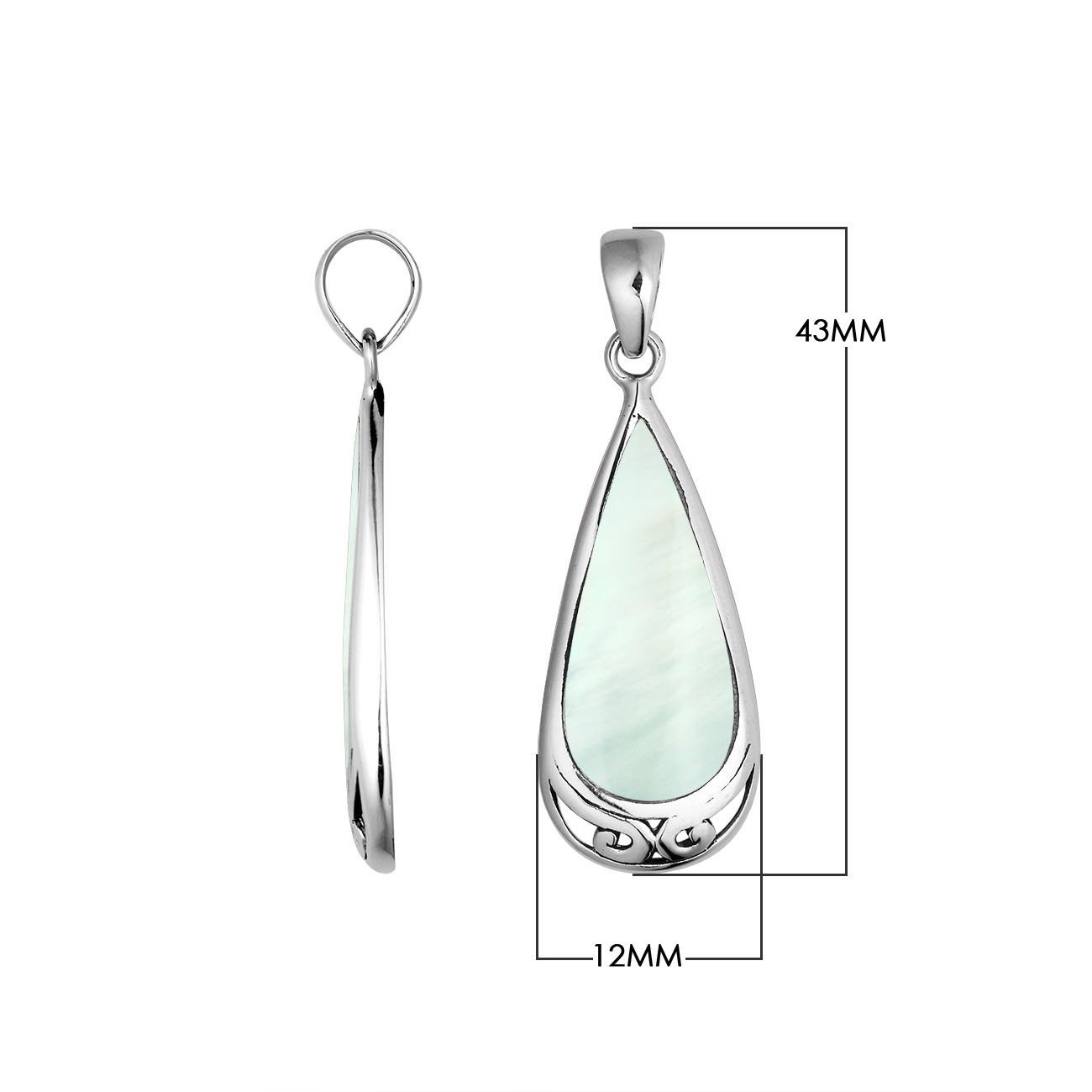 Sterling Silver Mother Of Pearl Teardrop Pendant With Polished Silver Border For Wholesale Buyers.