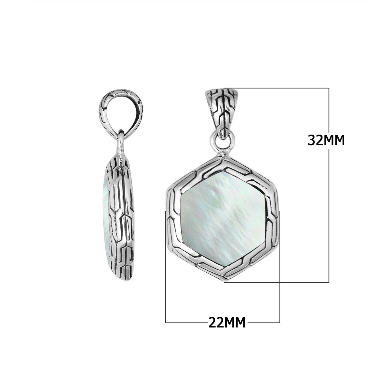 Sterling Silver Mother Of Pearl Hexagon Pendant With Polished Silver Frame For Wholesale Buyers.