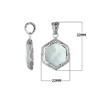 Sterling Silver Mother Of Pearl Hexagon Pendant With Polished Silver Frame For Wholesale Buyers.