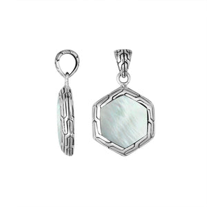 Sterling Silver Mother Of Pearl Hexagon Pendant With Polished Silver Frame For Wholesale Buyers.