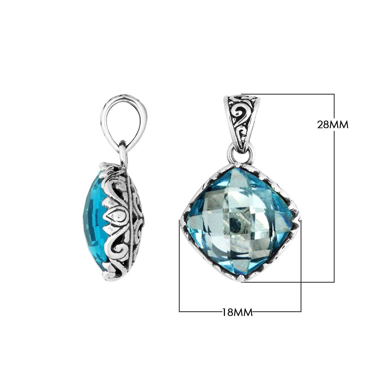 Sterling Silver Blue Topaz Quartz Cushion Pendant With Balinese Filigree Design For Wholesale Buyers.
