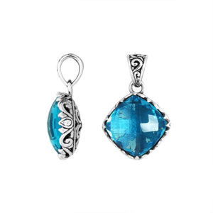 Sterling Silver Blue Topaz Quartz Cushion Pendant With Balinese Filigree Design For Wholesale Buyers.