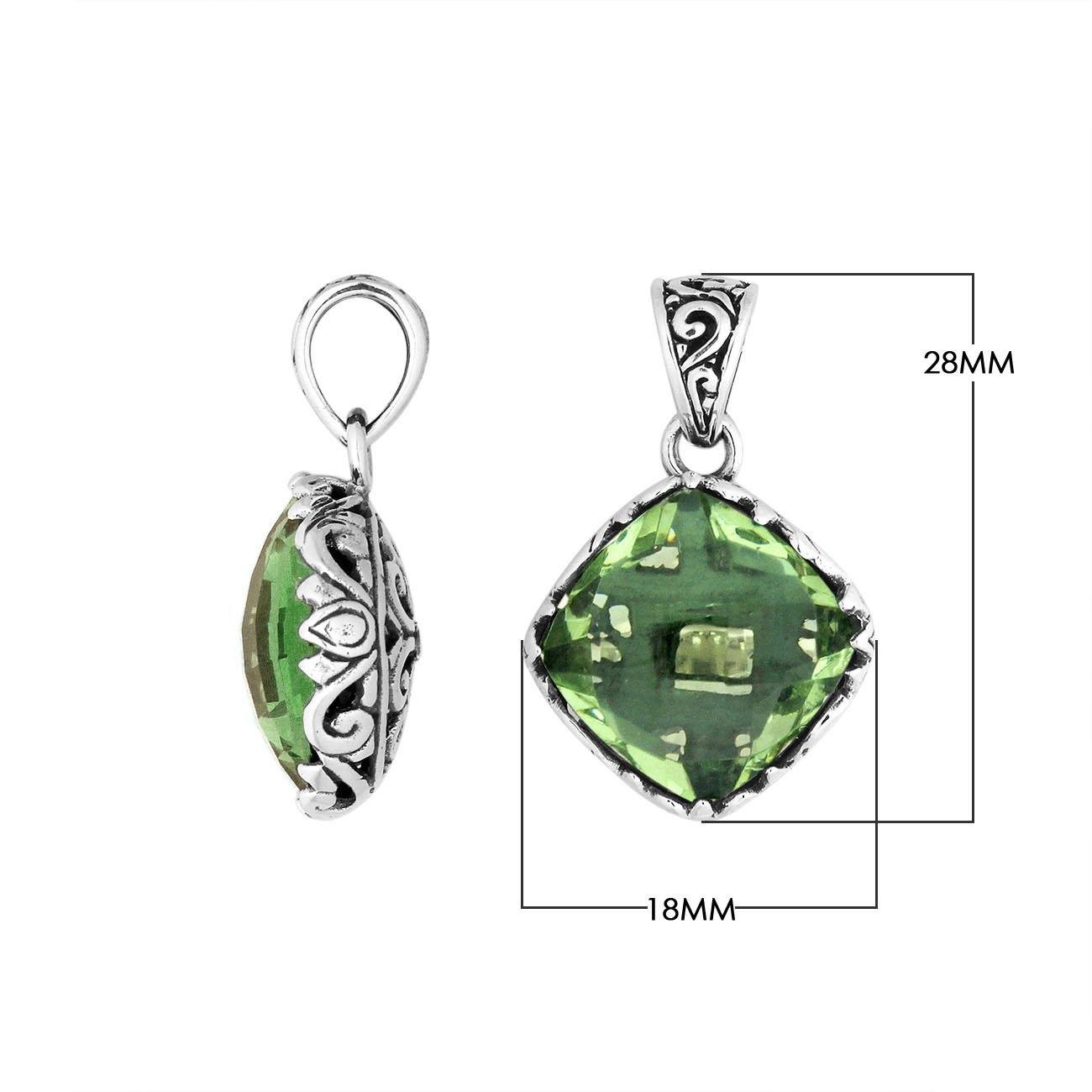 Sterling Silver Green Amethyst Quartz Cushion Pendant With Balinese Filigree Design For Wholesale Buyers.