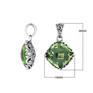 Sterling Silver Green Amethyst Quartz Cushion Pendant With Balinese Filigree Design For Wholesale Buyers.