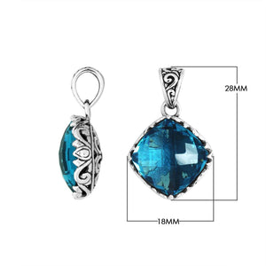 Sterling Silver London Blue Topaz Quartz Cushion Pendant With Balinese Filigree Design For Wholesale Buyers.