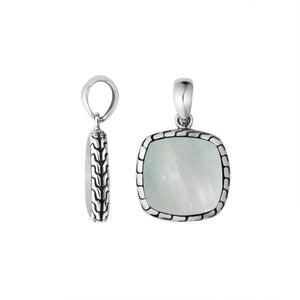 Sterling Silver Mother Of Pearl Cushion Pendant With Balinese Frame Design For Wholesale Buyers.